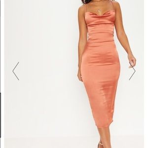 RUST STRAPPY BACK COWL NECK SATIN MIDI DRESS